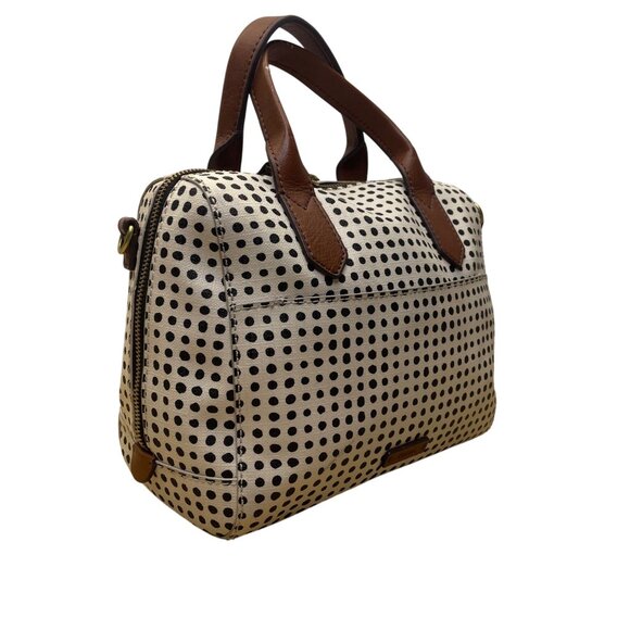 Fossil Women’s White/Black Polka Dot With Brown Handles Duffel Satchel Tote - Picture 4 of 12